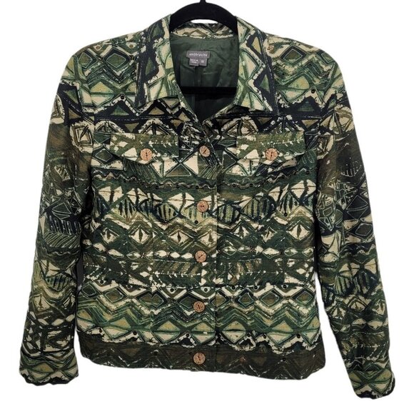 Anthracite womens 10 Green aztec 100% silk southwestern wooden button up jacket - Picture 1 of 8